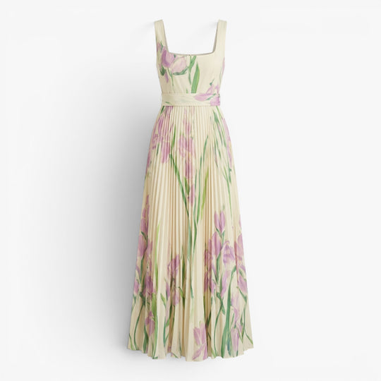 Women's Elegant Pleated Maxi Dress with Watercolor Print