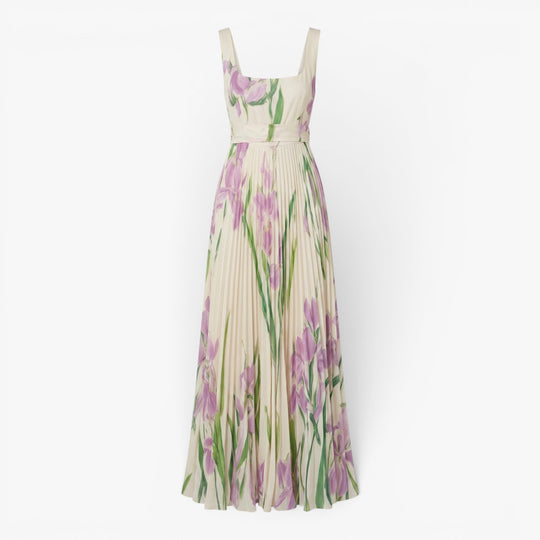 Women's Elegant Pleated Maxi Dress with Watercolor Print