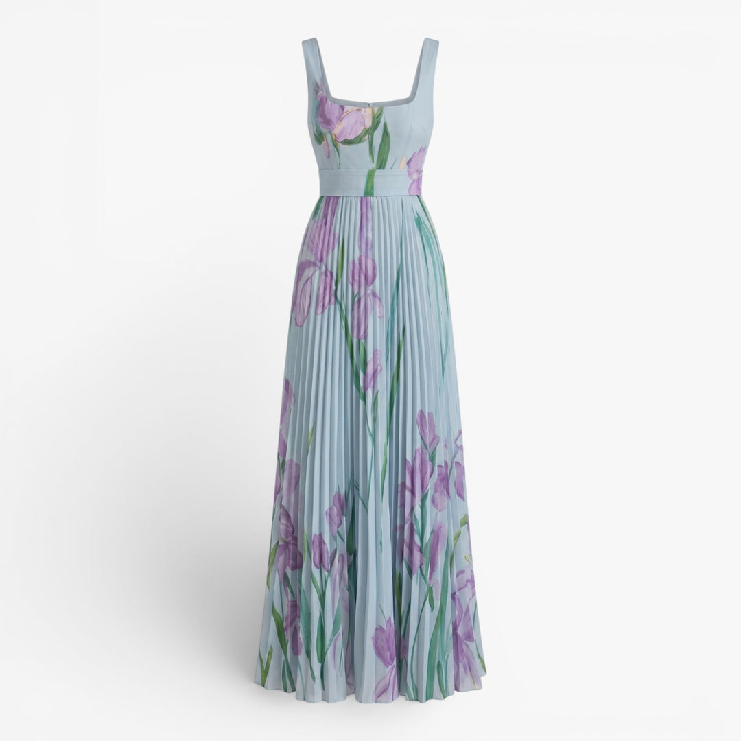 Women's Elegant Pleated Maxi Dress with Watercolor Print