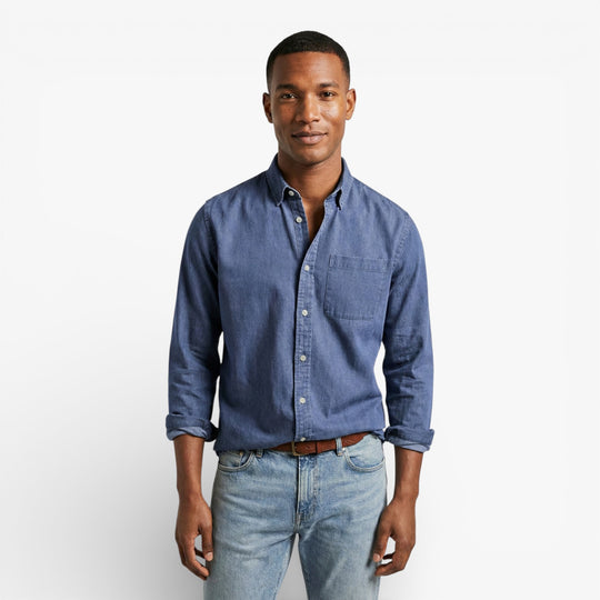 Navy Blue Long-Sleeve Button-Down Shirt for Men
