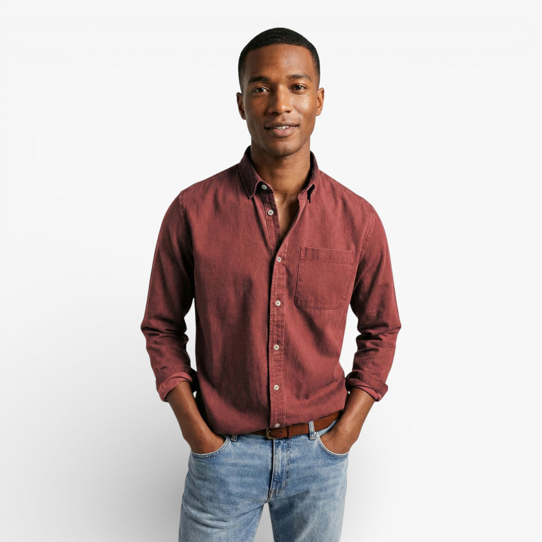 Navy Blue Long-Sleeve Button-Down Shirt for Men