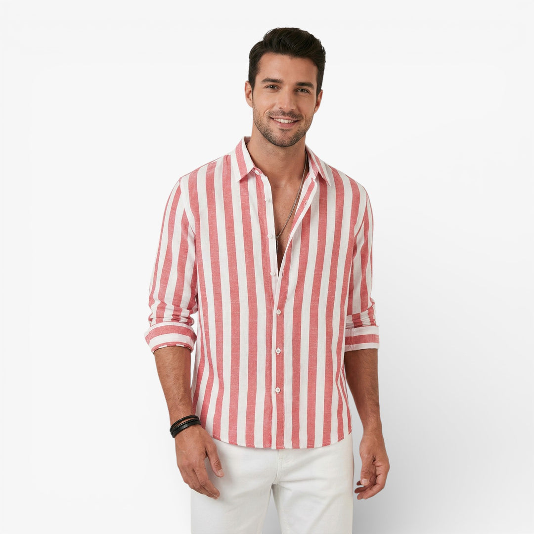 Mens Linen Cotton Summer Shirt Light Blue Striped