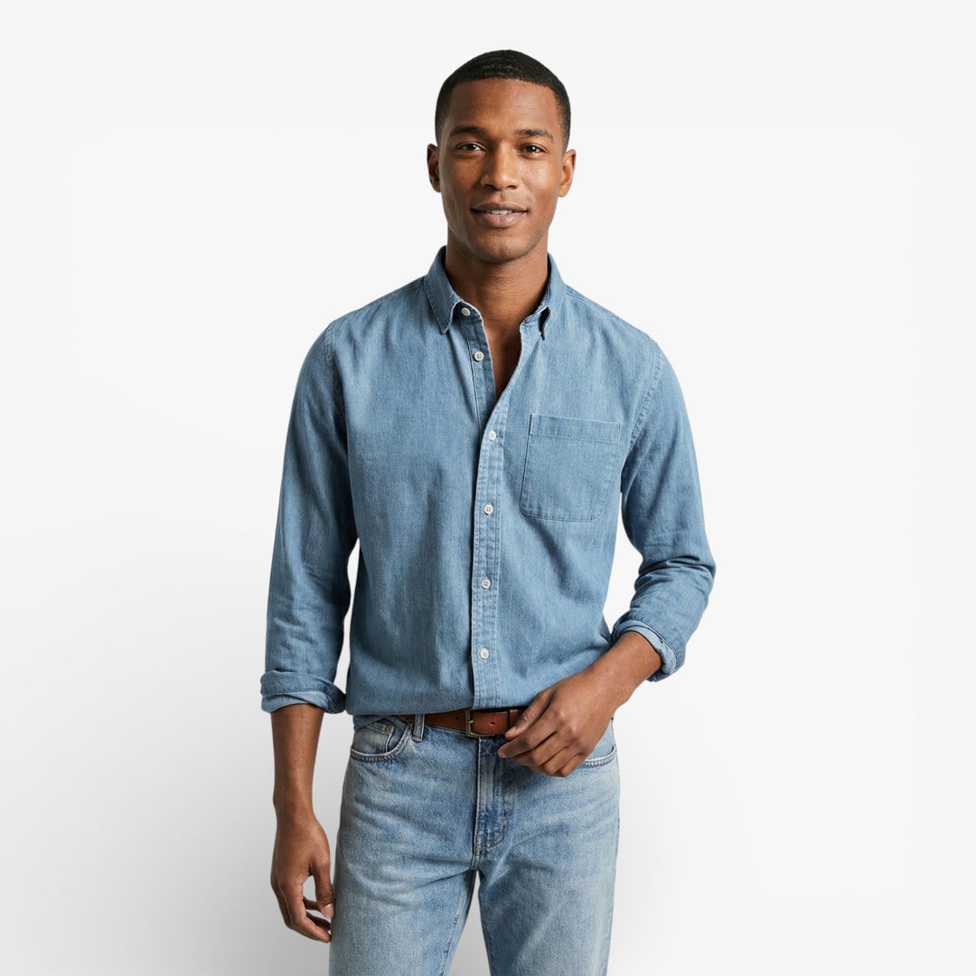 Navy Blue Long-Sleeve Button-Down Shirt for Men