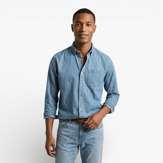 Navy Blue Long-Sleeve Button-Down Shirt for Men