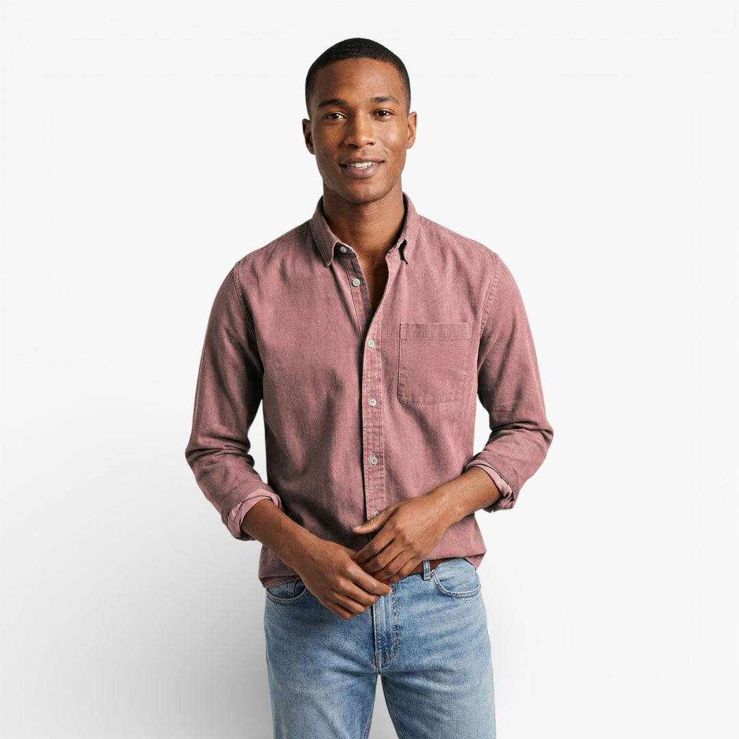 Navy Blue Long-Sleeve Button-Down Shirt for Men