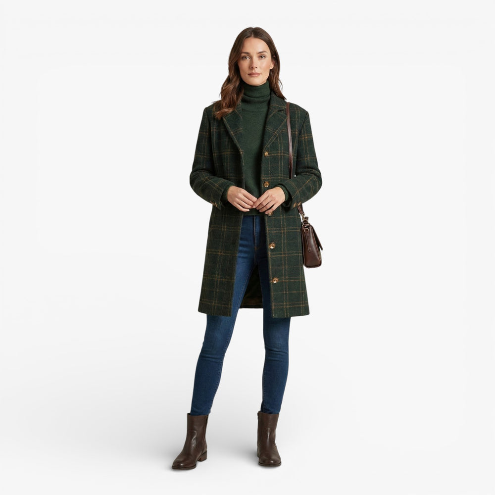 Women's Stylish Checked Long Wool Coat with Tailored Fit and Lightweight Warmth