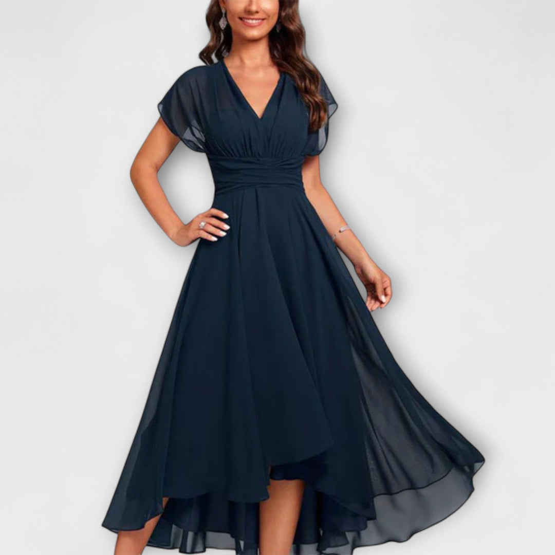 Women's Elegant Chiffon V-Neck High-Low Midi Dress