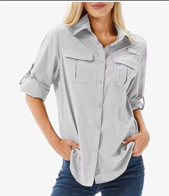 Women's Button-Up Utility Shirt with Roll-Tab Sleeves