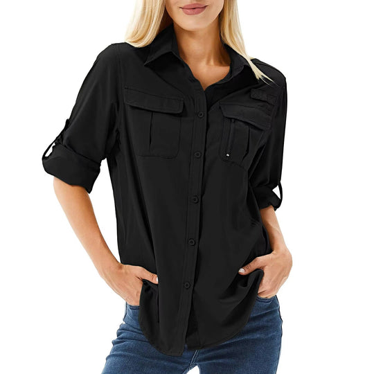 Women's Button-Up Utility Shirt with Roll-Tab Sleeves