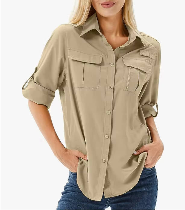 Women's Button-Up Utility Shirt with Roll-Tab Sleeves