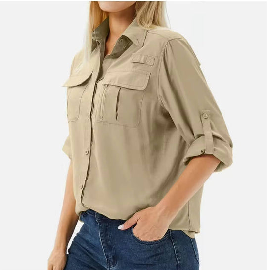 Women's Button-Up Utility Shirt with Roll-Tab Sleeves