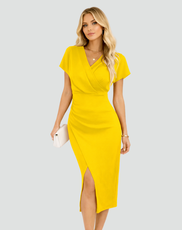 Damen elegantes Midikleid mit Wickeloptik vorne für besondere Anlässe  