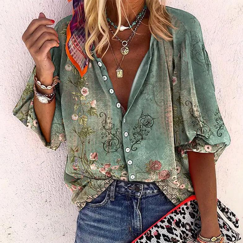 Damen Vintage Blumenmuster Bluse mit Knopfleiste im Boho-Stil