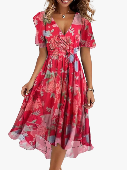 Women's Floral V-Neck Tie Waist Midi Dress