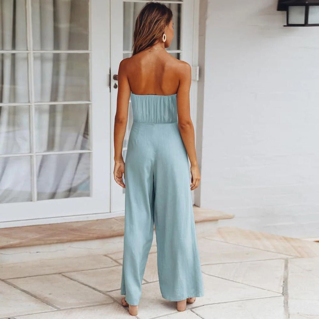 Women's Strapless Wide Leg Jumpsuit with Tie Waist