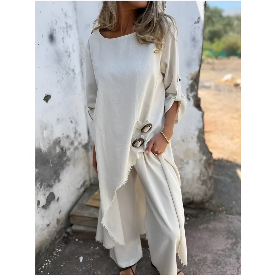 Women's Asymmetrical Tunic Top and Wide Leg Trousers Two-Piece Set