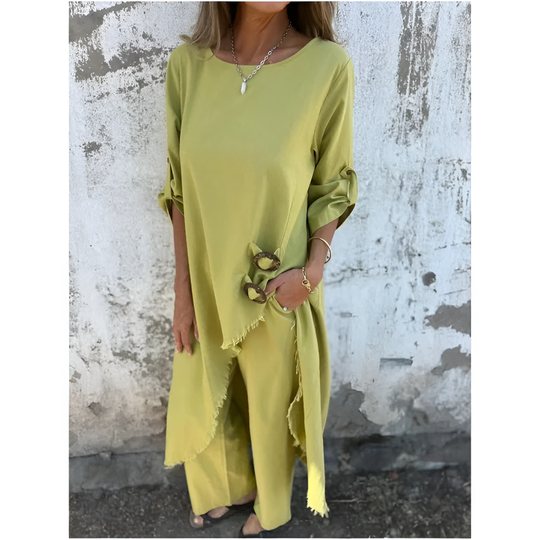 Women's Asymmetrical Tunic Top and Wide Leg Trousers Two-Piece Set