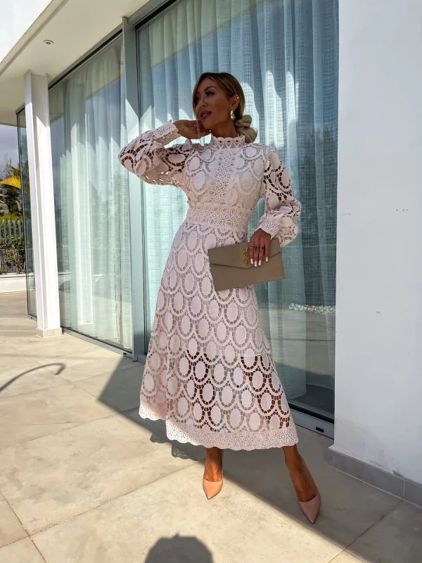 Women's Elegant Floral Lace Long Sleeve Midi Dress