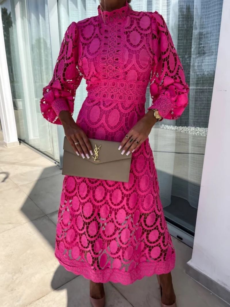 Women's Elegant Floral Lace Long Sleeve Midi Dress