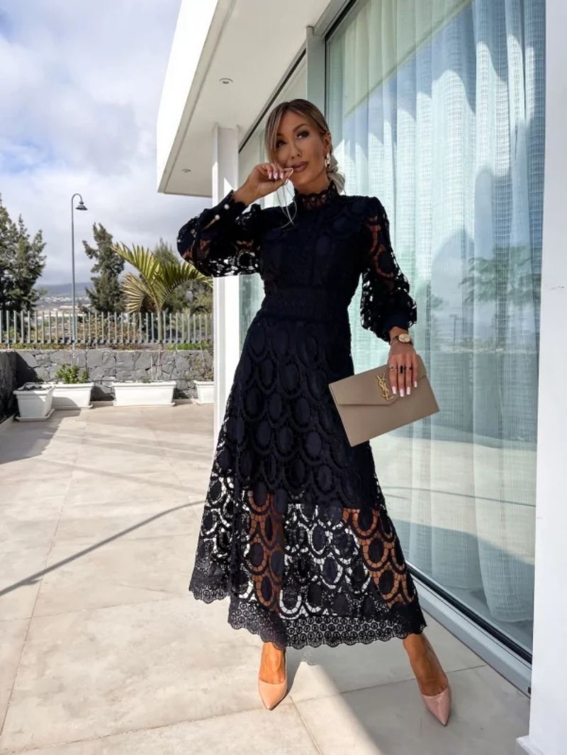 Women's Elegant Floral Lace Long Sleeve Midi Dress