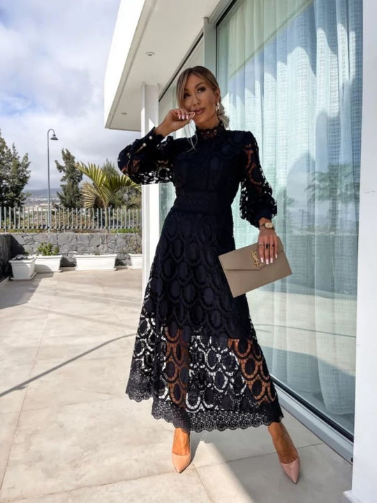 Women's Elegant Floral Lace Long Sleeve Midi Dress