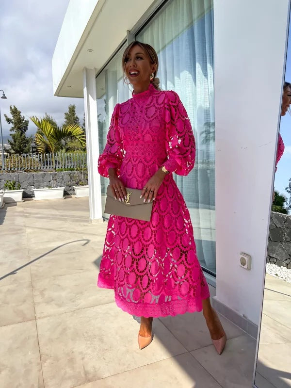Women's Elegant Floral Lace Long Sleeve Midi Dress
