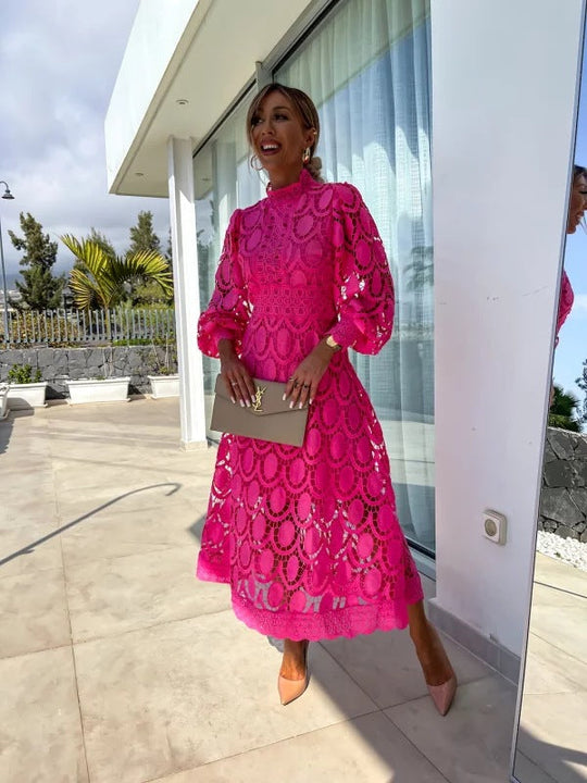 Women's Elegant Floral Lace Long Sleeve Midi Dress