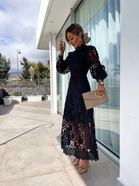 Women's Elegant Floral Lace Long Sleeve Midi Dress