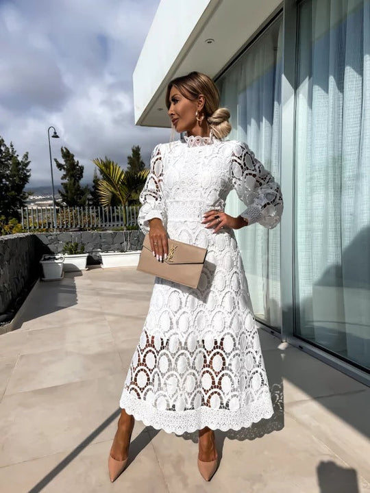 Women's Elegant Floral Lace Long Sleeve Midi Dress
