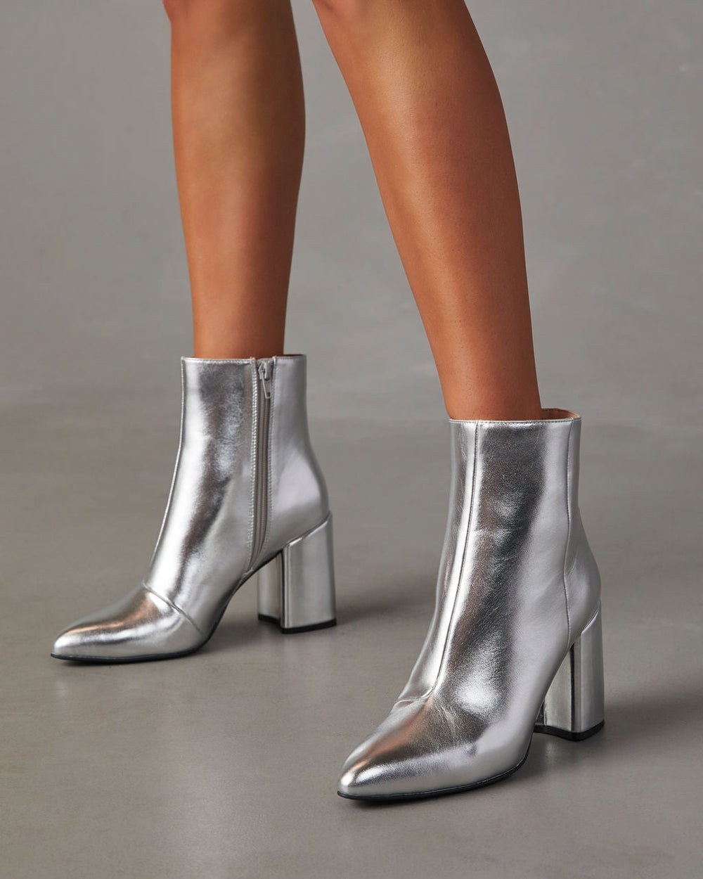 Damen metallische Stiefeletten mit Blockabsatz und seitlichem Reißverschluss