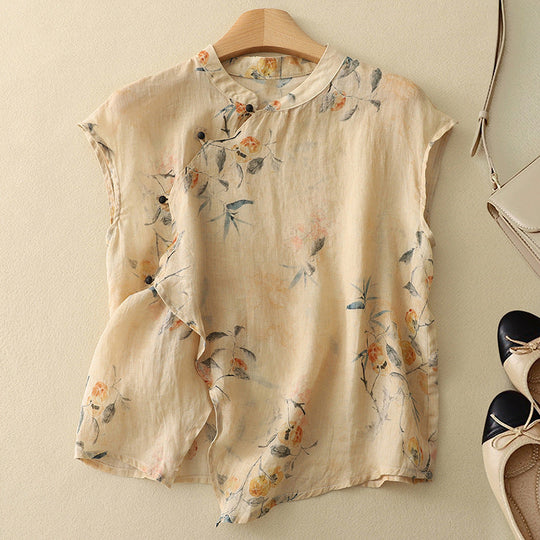 Women's Vintage Floral Linen Blend Blouse with Asymmetrical Button Detail