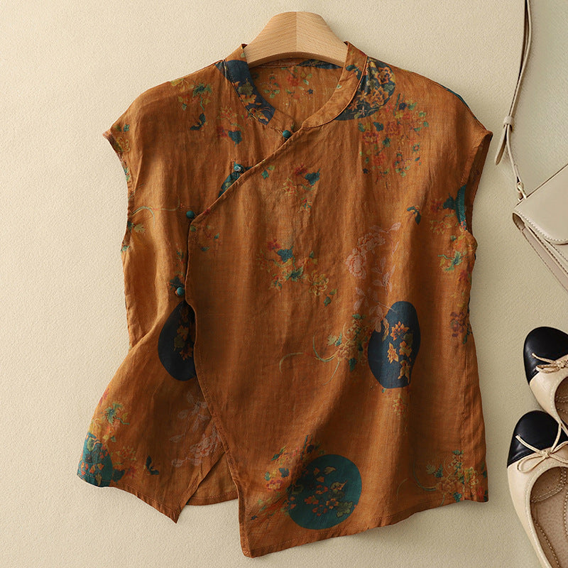 Women's Vintage Floral Linen Blend Blouse with Asymmetrical Button Detail