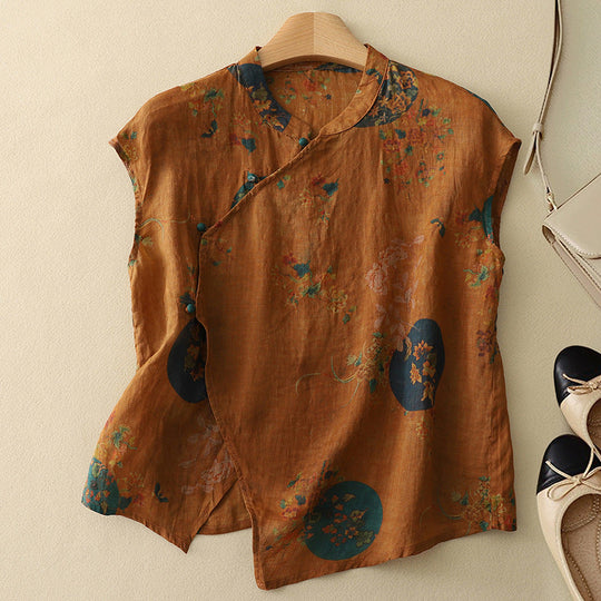 Women's Vintage Floral Linen Blend Blouse with Asymmetrical Button Detail