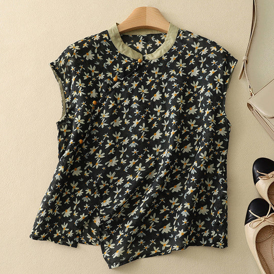 Women's Vintage Floral Linen Blend Blouse with Asymmetrical Button Detail