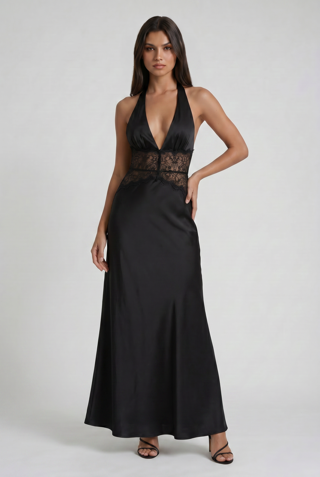 Women's Halter Neck Lace Waist Maxi Dress