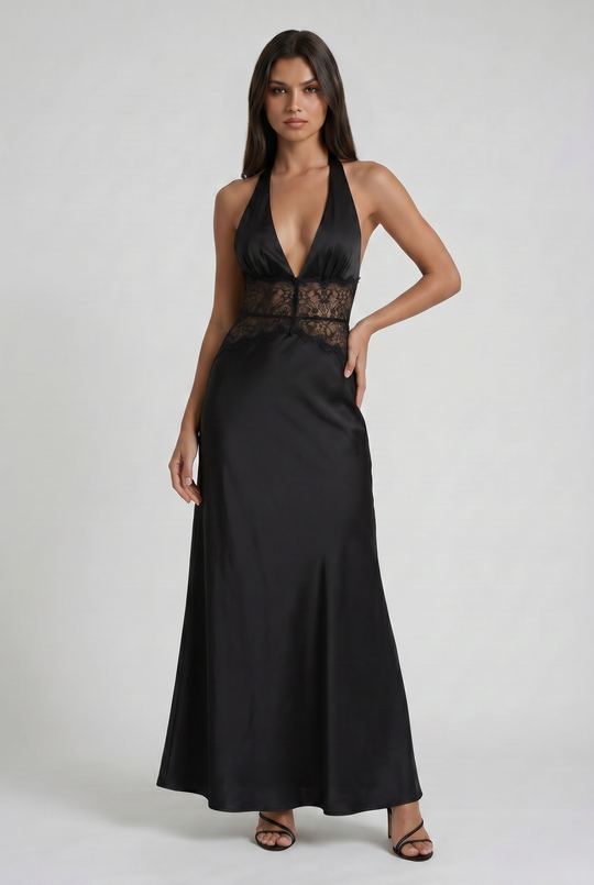 Women's Halter Neck Lace Waist Maxi Dress