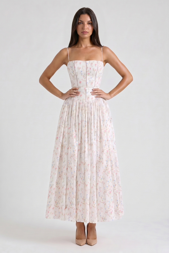 Women's Floral Corset Midi Dress with Gathered Skirt