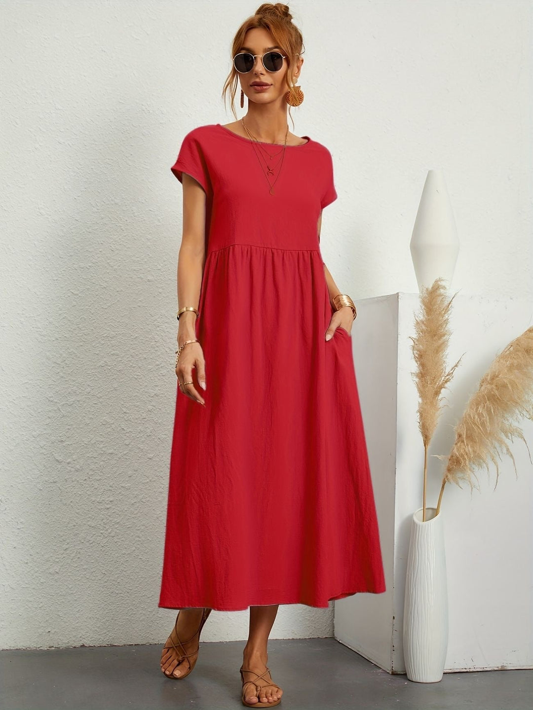 Women's Casual Pocketed Empire Waist Maxi Dress