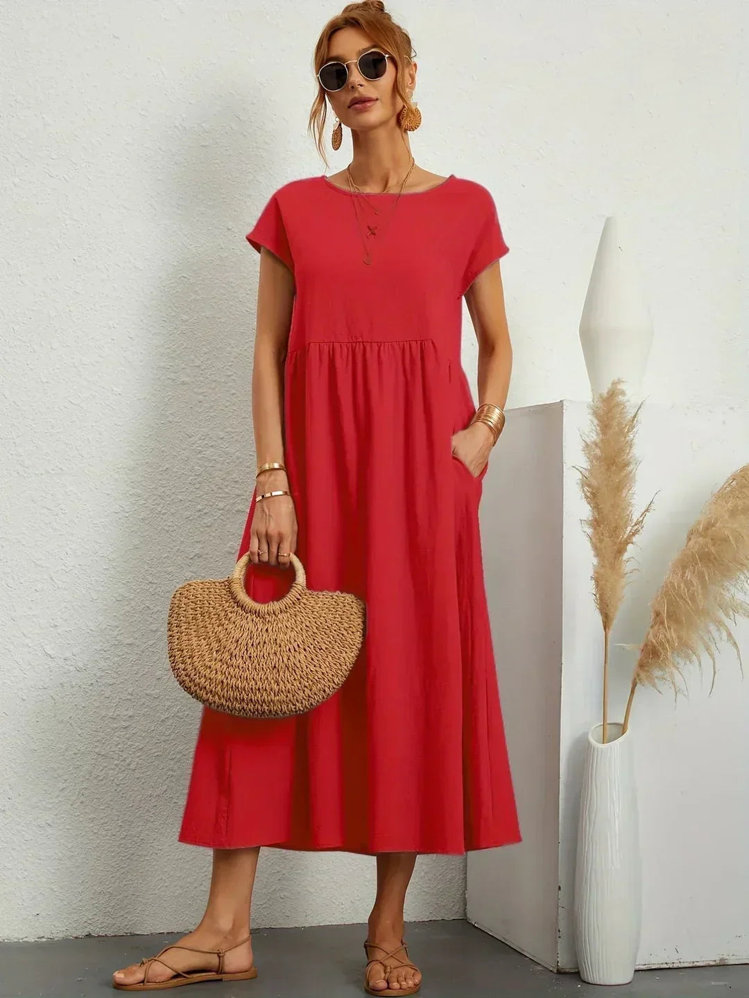 Locker sitzendes Midi-Kleid für Damen in A-Linie mit Taschen