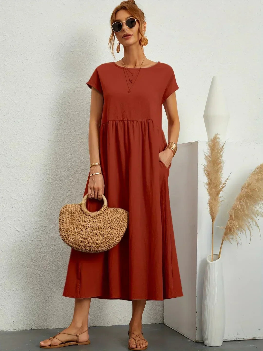 Locker sitzendes Midi-Kleid für Damen in A-Linie mit Taschen