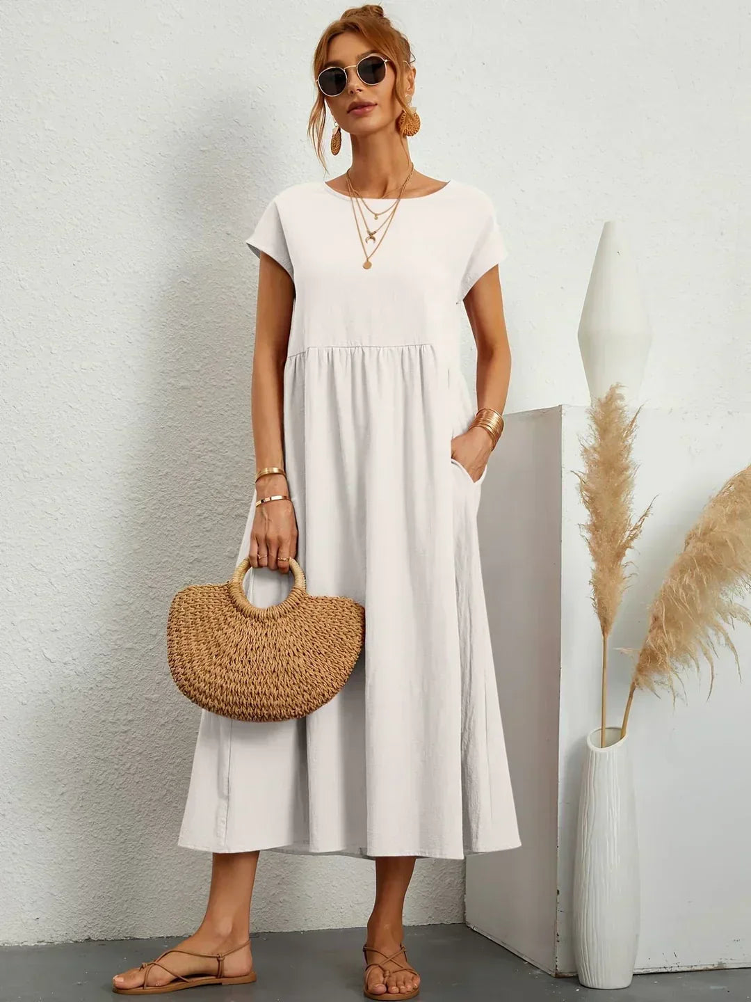 Locker sitzendes Midi-Kleid für Damen in A-Linie mit Taschen