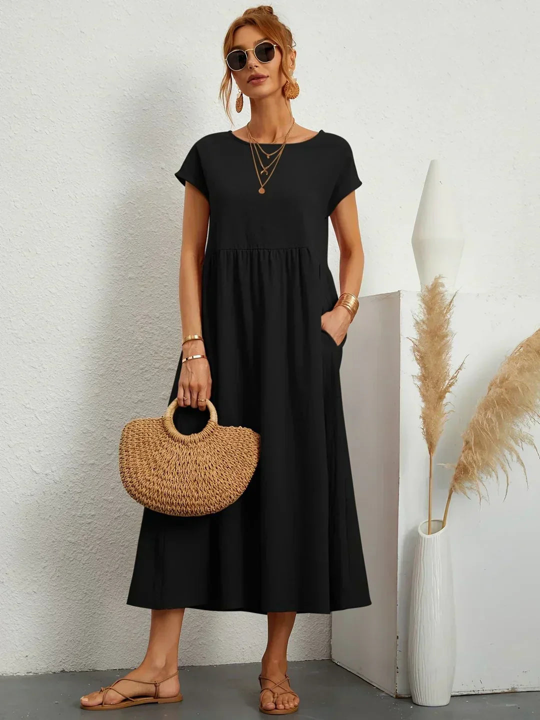 Locker sitzendes Midi-Kleid für Damen in A-Linie mit Taschen