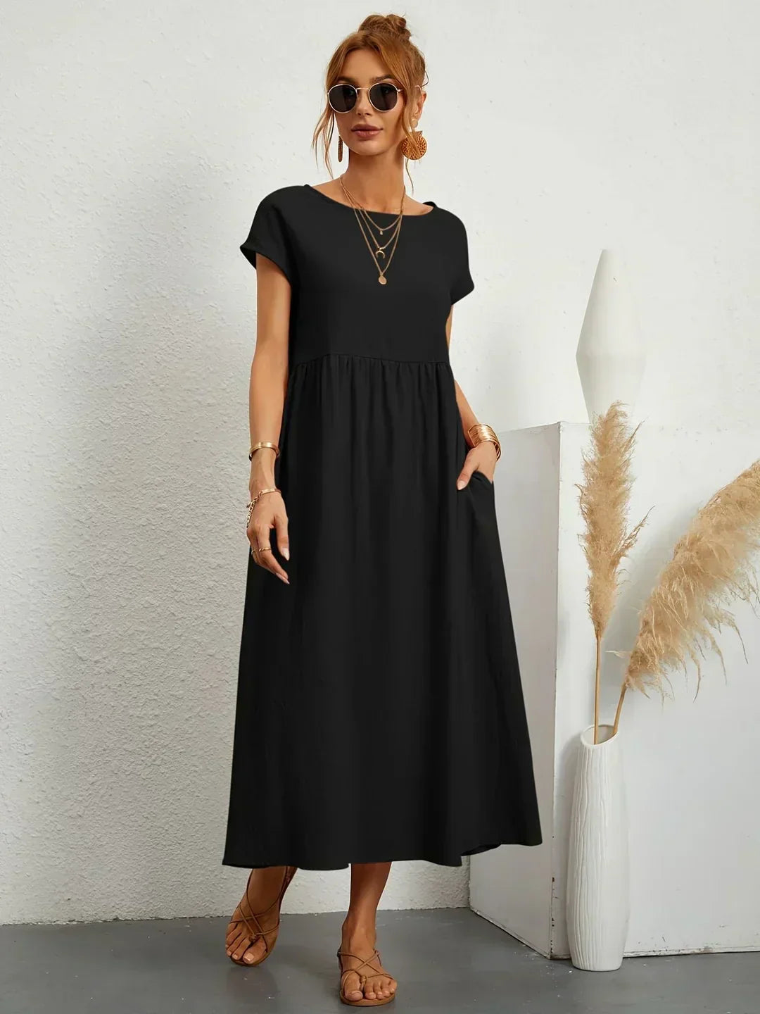 Locker sitzendes Midi-Kleid für Damen in A-Linie mit Taschen