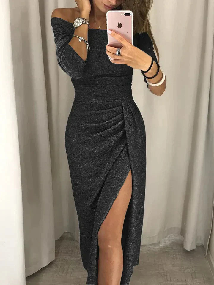 Damen Midi-Kleid mit schimmerndem, schulterfreiem Wickeldesign