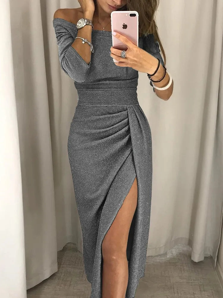 Damen Midi-Kleid mit schimmerndem, schulterfreiem Wickeldesign