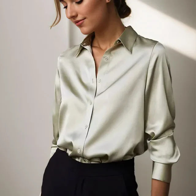 Women's Satin Button-Up Long Sleeve Blouse