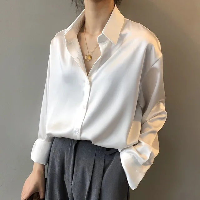 Women's Satin Button-Up Long Sleeve Blouse