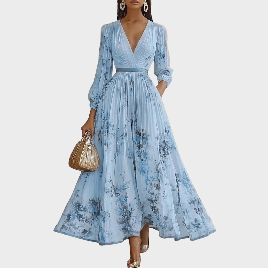 Women's Romantic Floral Pleated Maxi Dress with Deep V-Neck