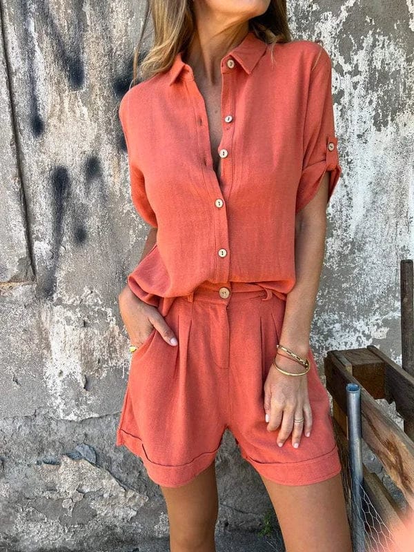 Women's Button-Up Shirt and Shorts Two-Piece Set