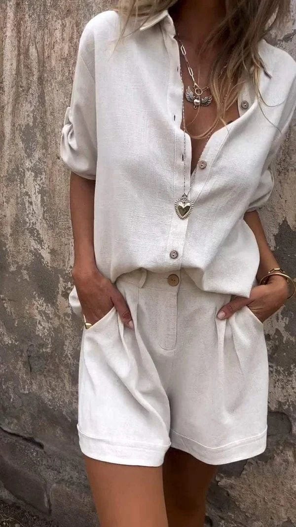 Women's Button-Up Shirt and Shorts Two-Piece Set